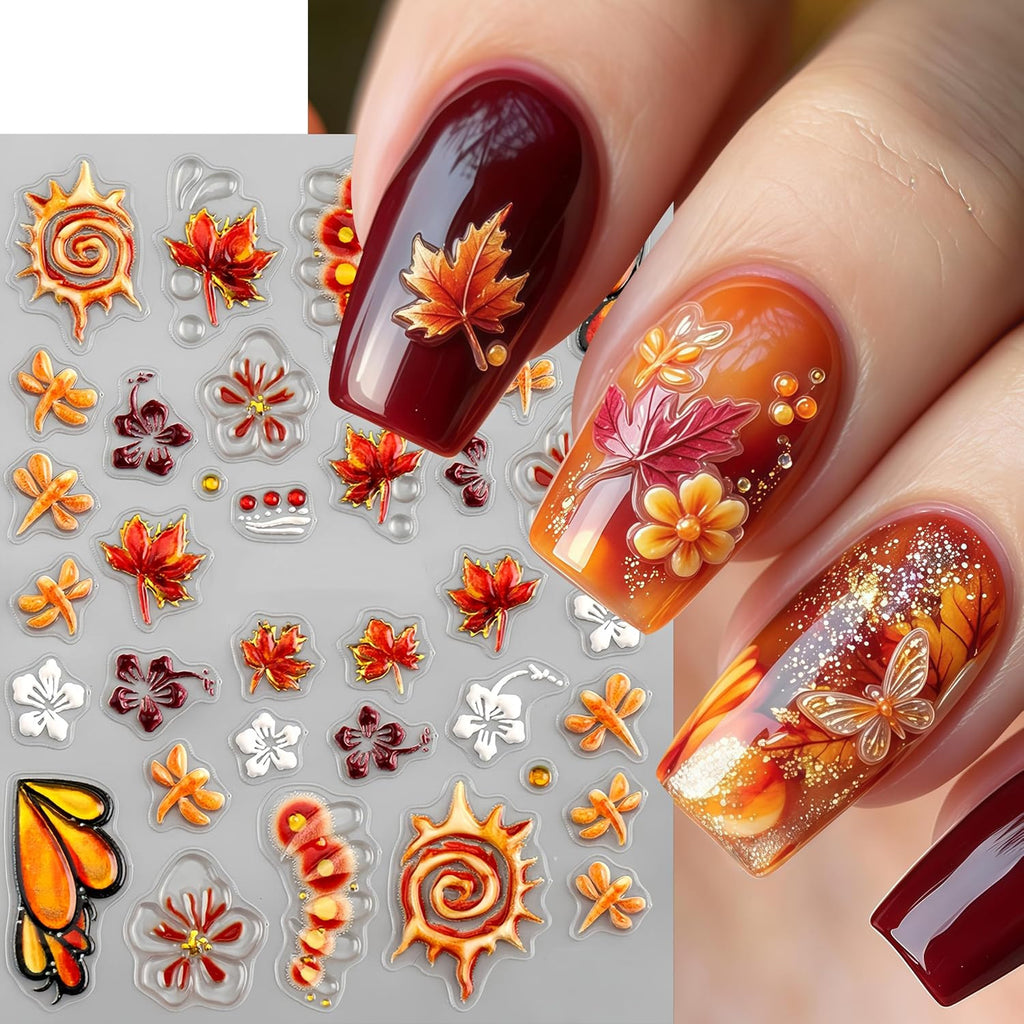 Fall Maple Leaf Nail Stickers - 3 Sheets 5D Self-Adhesive Nail Art Decals
