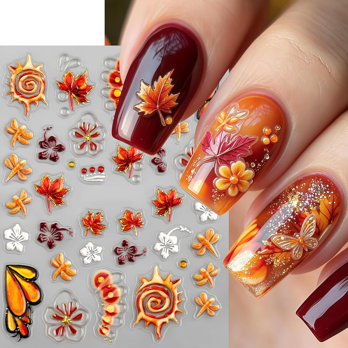 Fall Maple Leaf Nail Stickers - 3 Sheets 5D Self-Adhesive Nail Art Decals