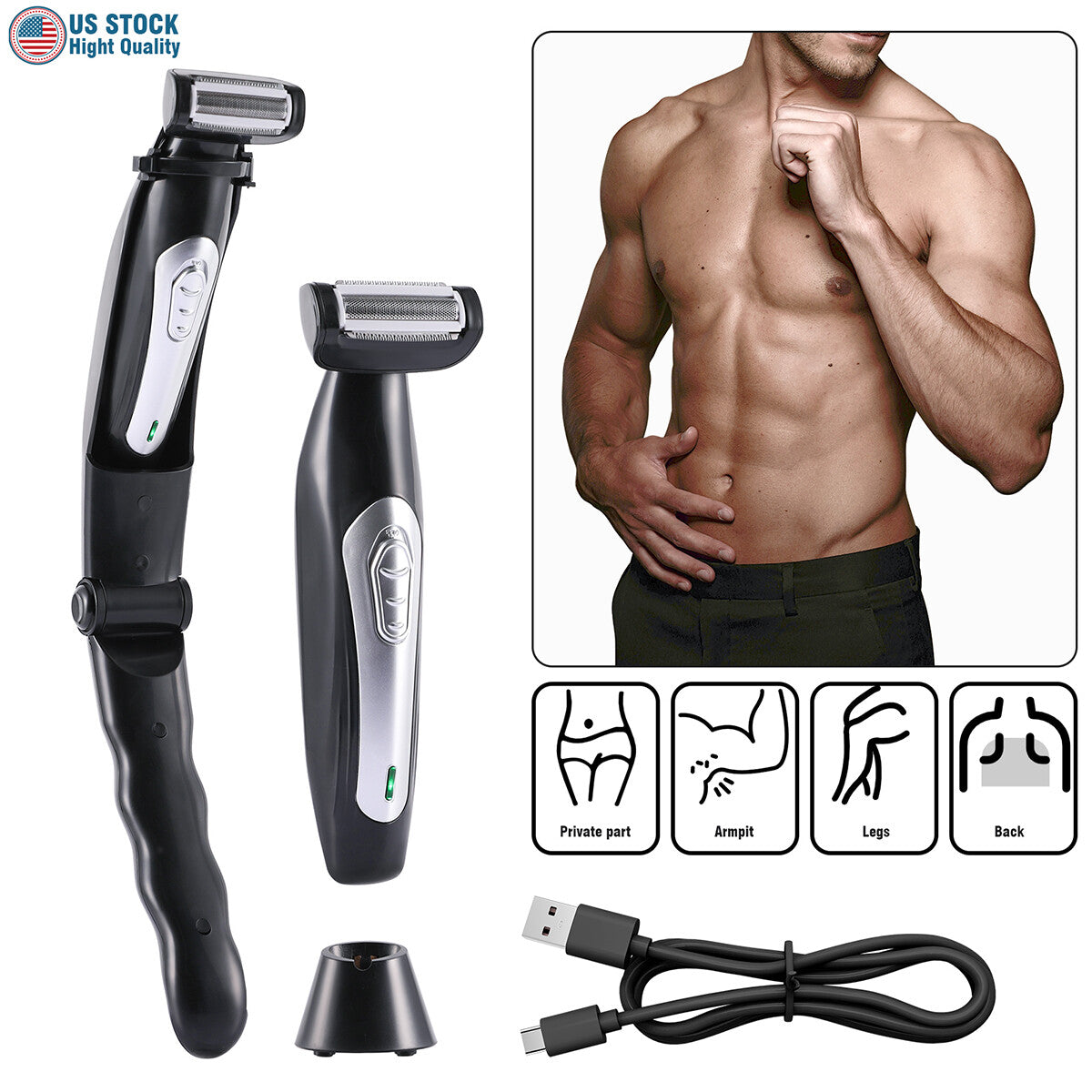 Rechargeable Electric Back Shaver for Men Long Handle Body Hair Removal Razor