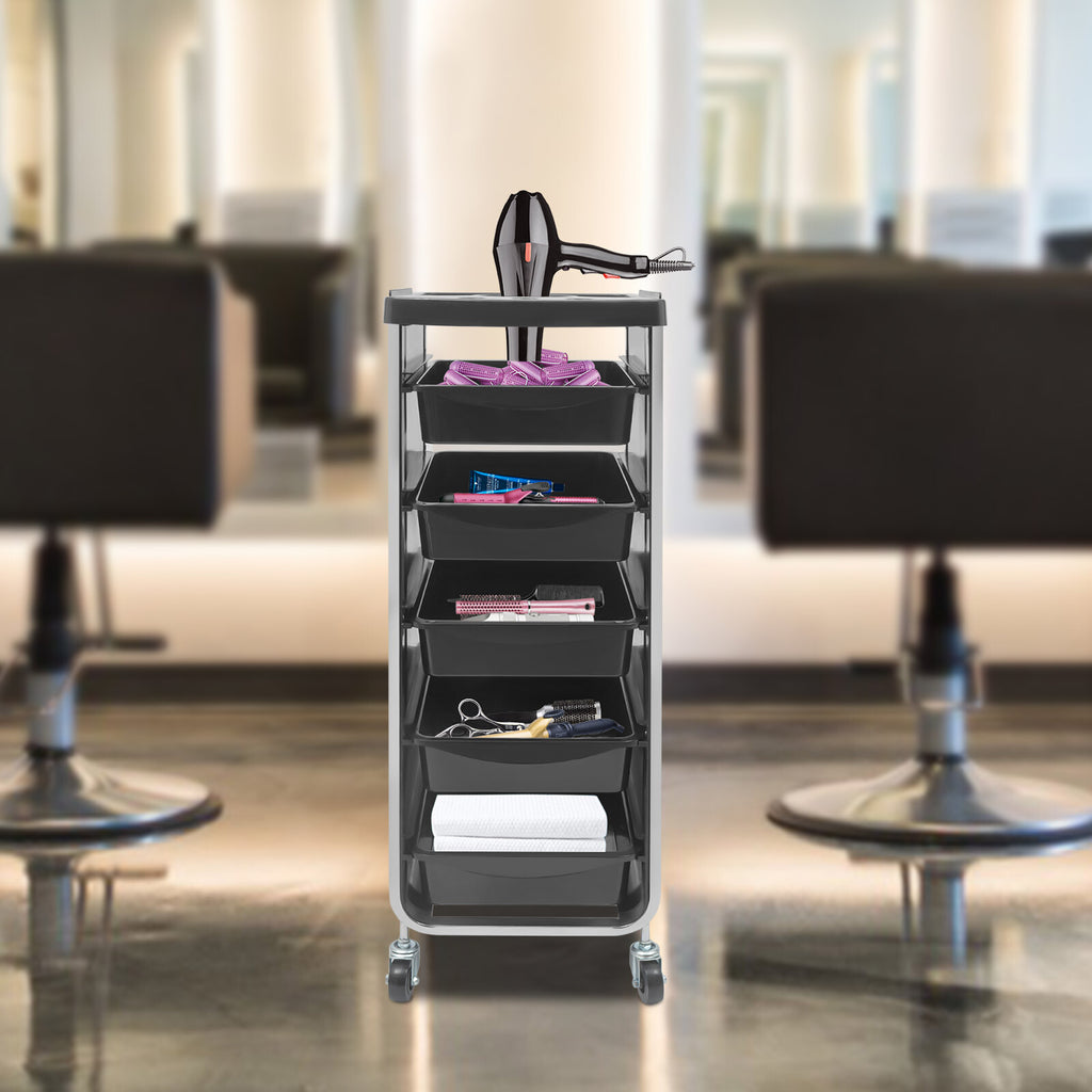 Salon Trolley Cart with 5 Drawers and Dryer Holder - Black Professional Organizer