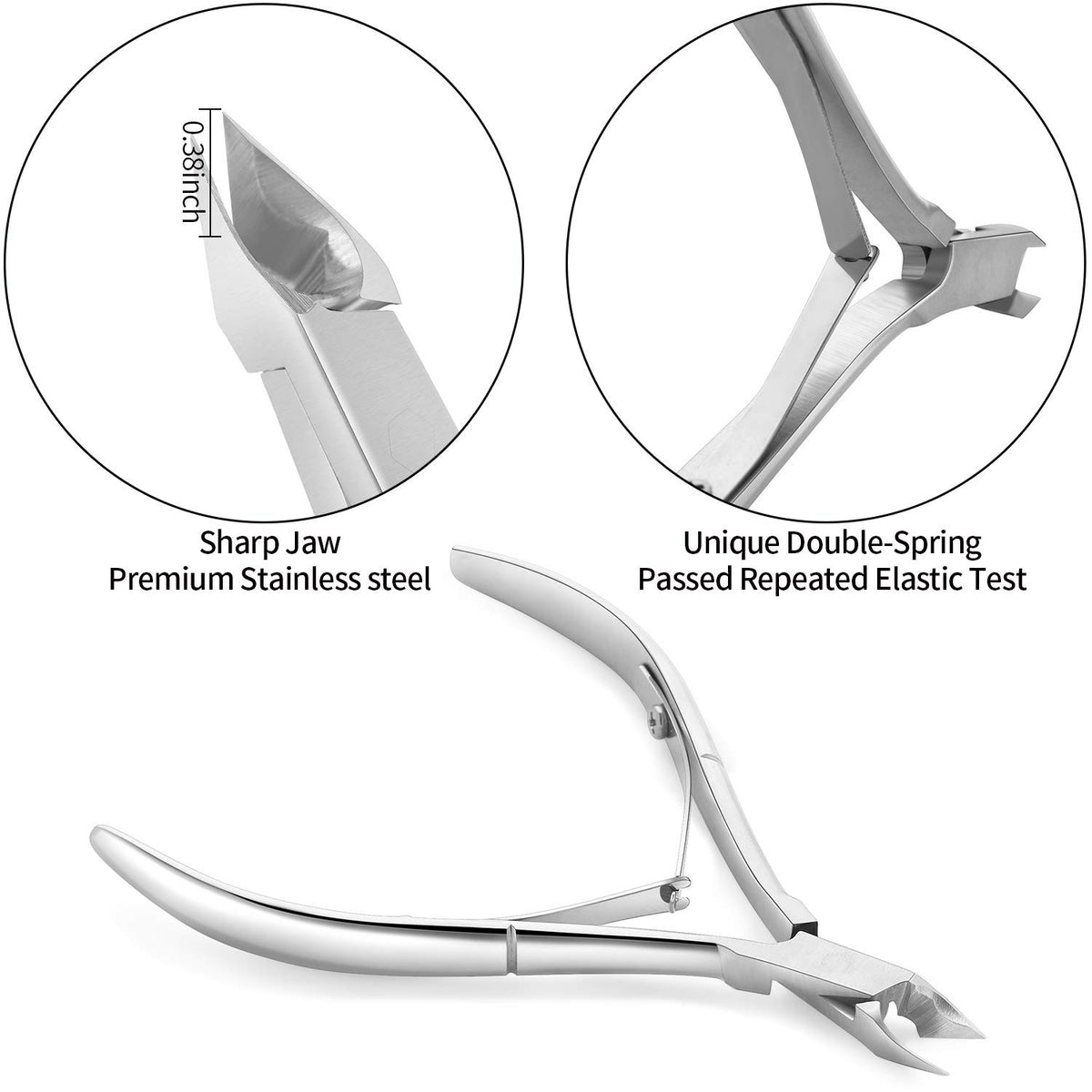Cuticle Nippers with Pusher and Cutter - 3 Piece Nail Care Set, Silver