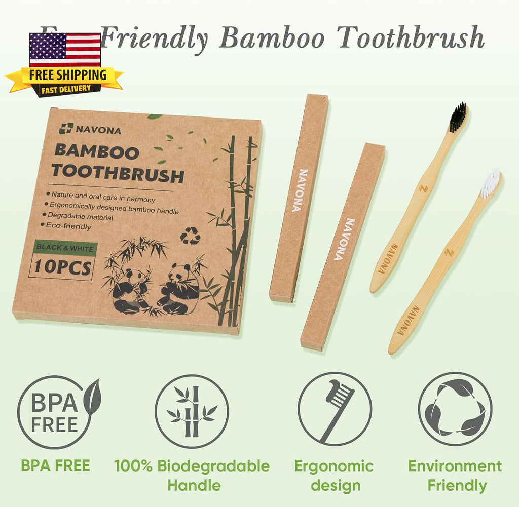 10 Pack Eco-Friendly Bamboo Toothbrushes with Medium BPA-Free Bristles