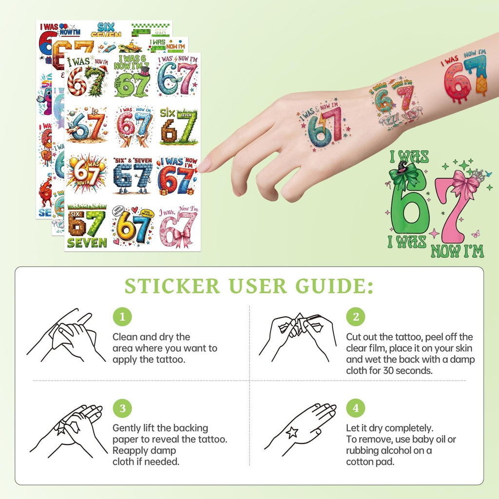 Temporary Tattoos 6 Sheets Set 200+ Designs 6/7 Number Theme Party Favors