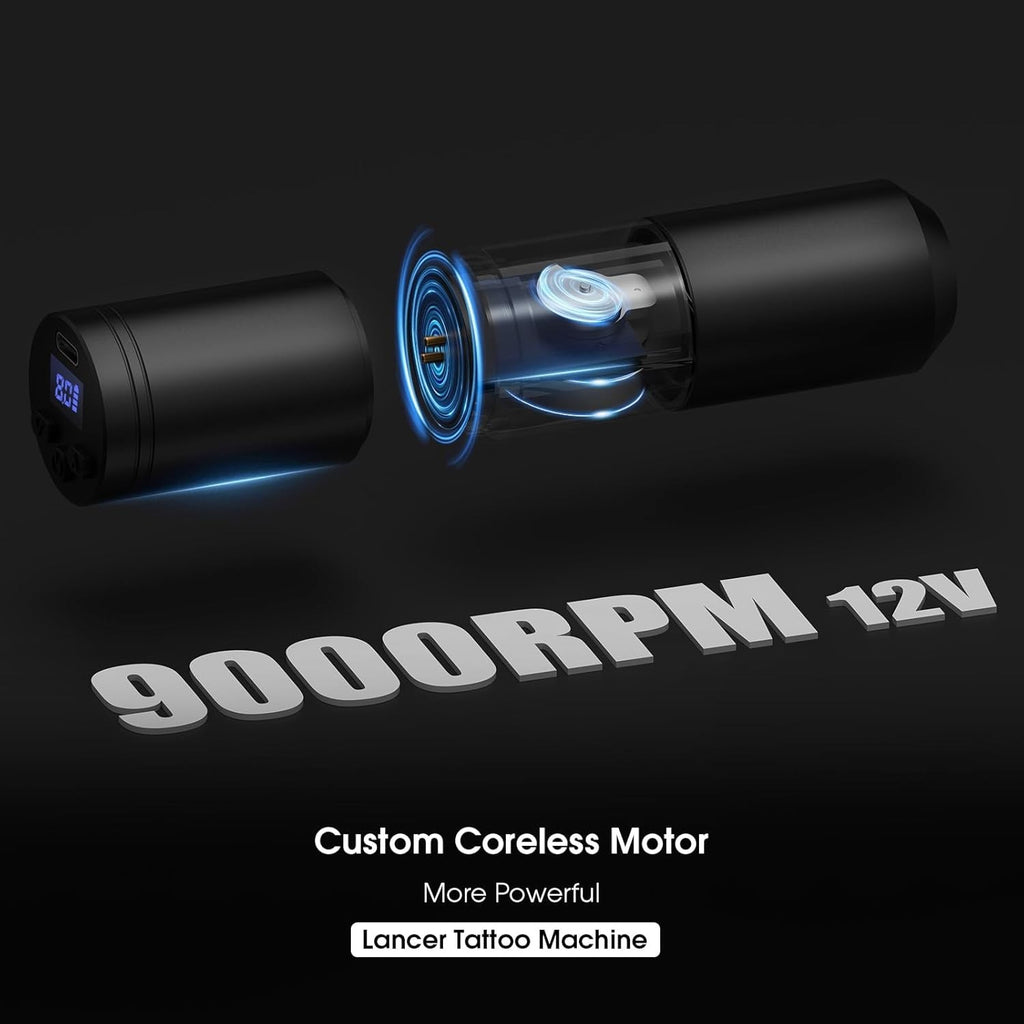 Cordless Rotary Tattoo Machine Kit with 1500mAh Battery, LED Display & 20 Cartridges