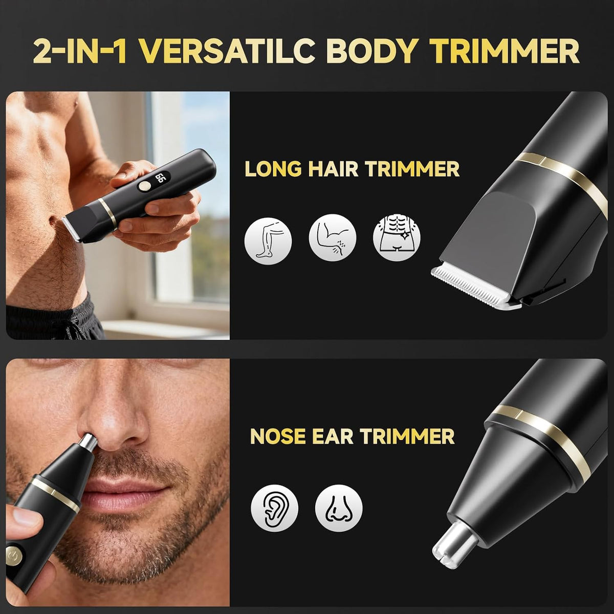 Waterproof Electric Beard & Nose Hair Trimmer for Men - Cordless Grooming Kit with LED Display