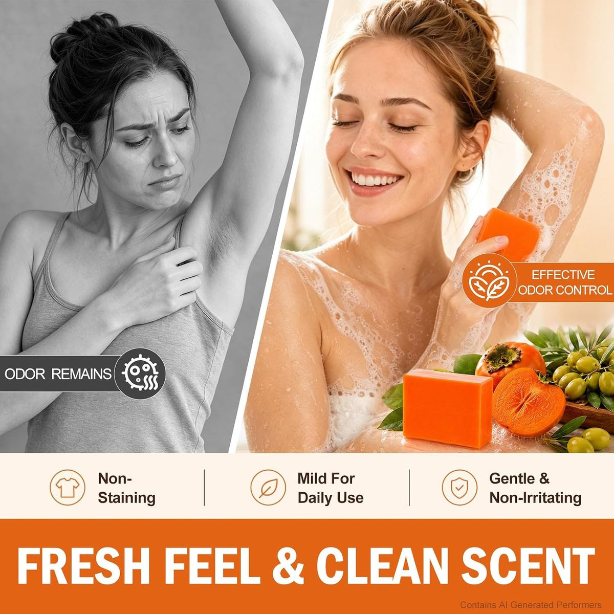 Natural Persimmon Soap Bars 80g Pack - Gentle, Hydrating Full-Body Cleanser