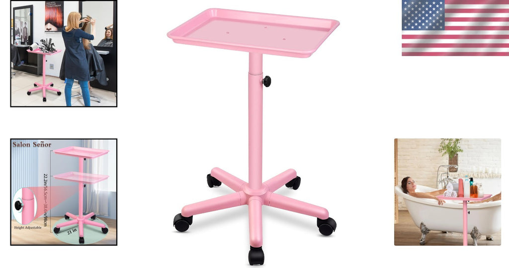 Pink Height-Adjustable Salon Tray with 5 Wheels for Beauty & Home Use