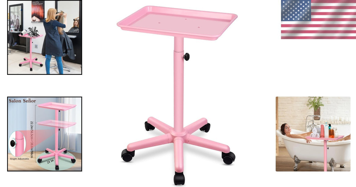Pink Height-Adjustable Salon Tray with 5 Wheels for Beauty & Home Use