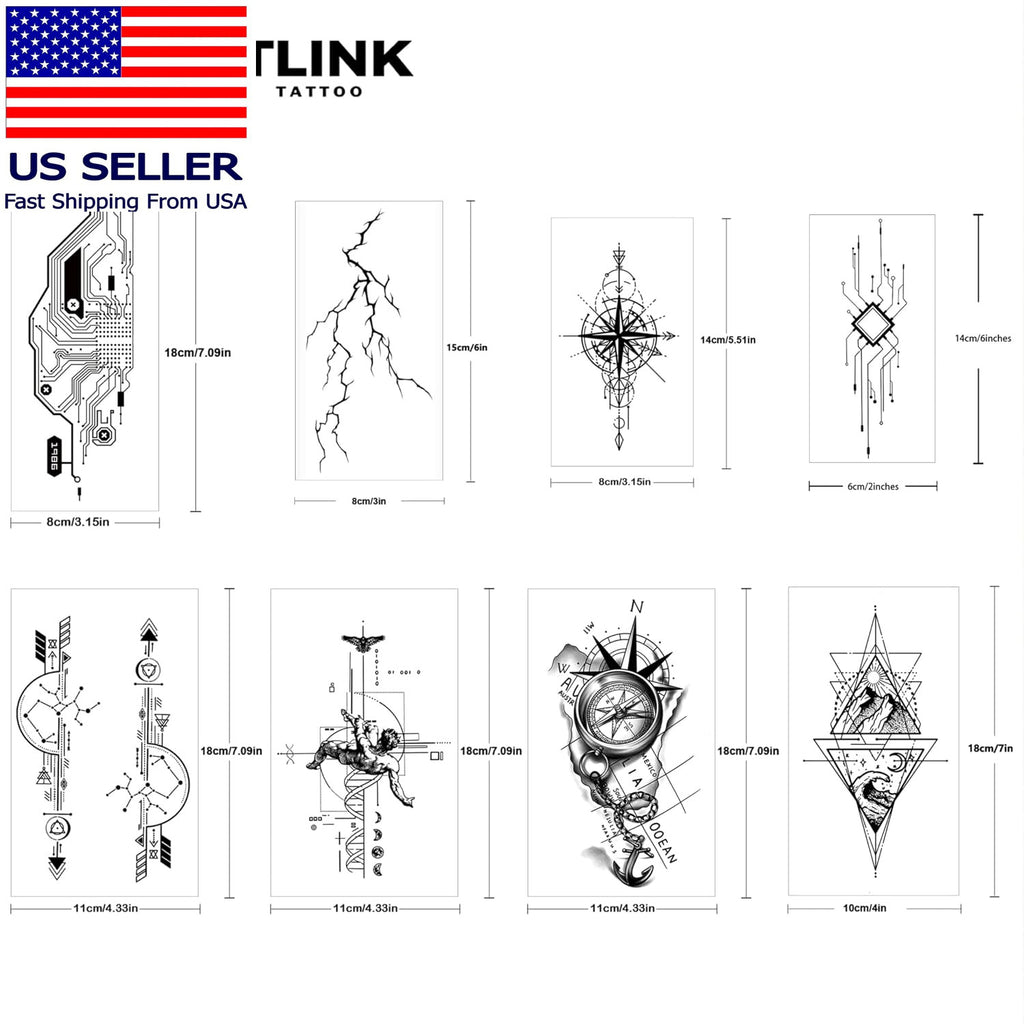 Temporary Tattoos - 8 Sheets Semi-Permanent Fake Tattoos 1-2 Weeks