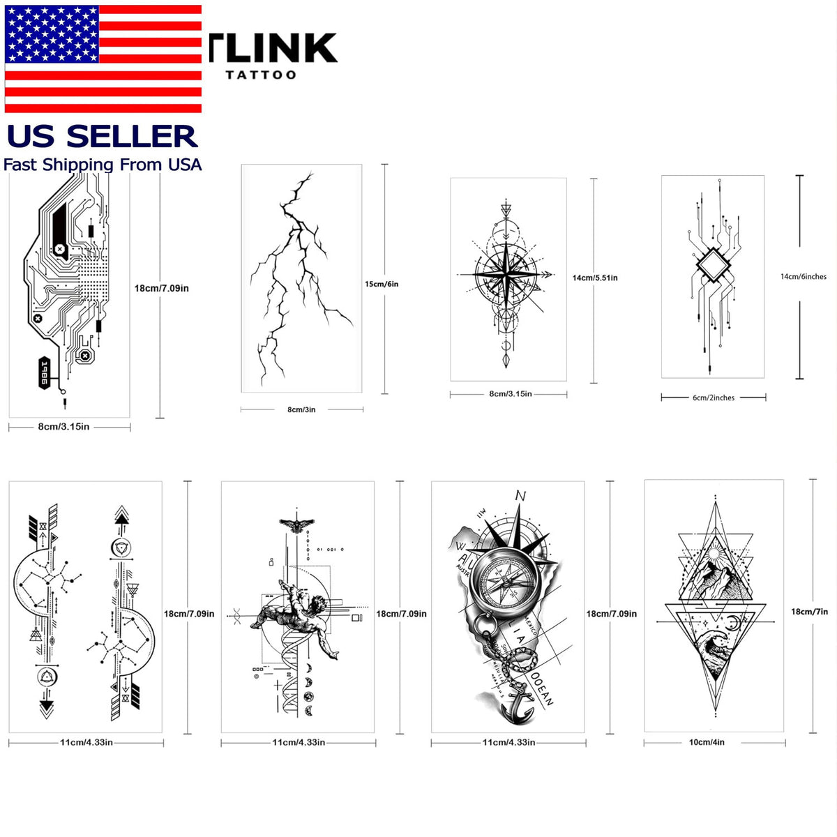 Temporary Tattoos - 8 Sheets Semi-Permanent Fake Tattoos 1-2 Weeks