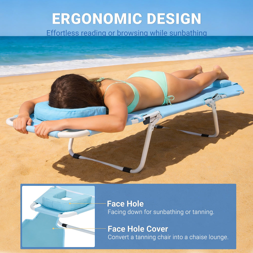 Outdoor Folding Tanning Chair with Face Hole and Mattress, Adjustable Lounger for Sunbathing and Camping