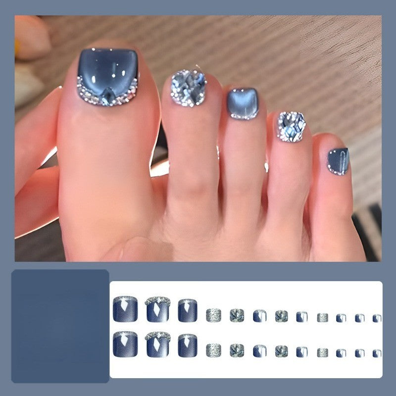 48Pcs Short Square Dark Blue Cat Eye Rhinestone Glitter Press-On Nails