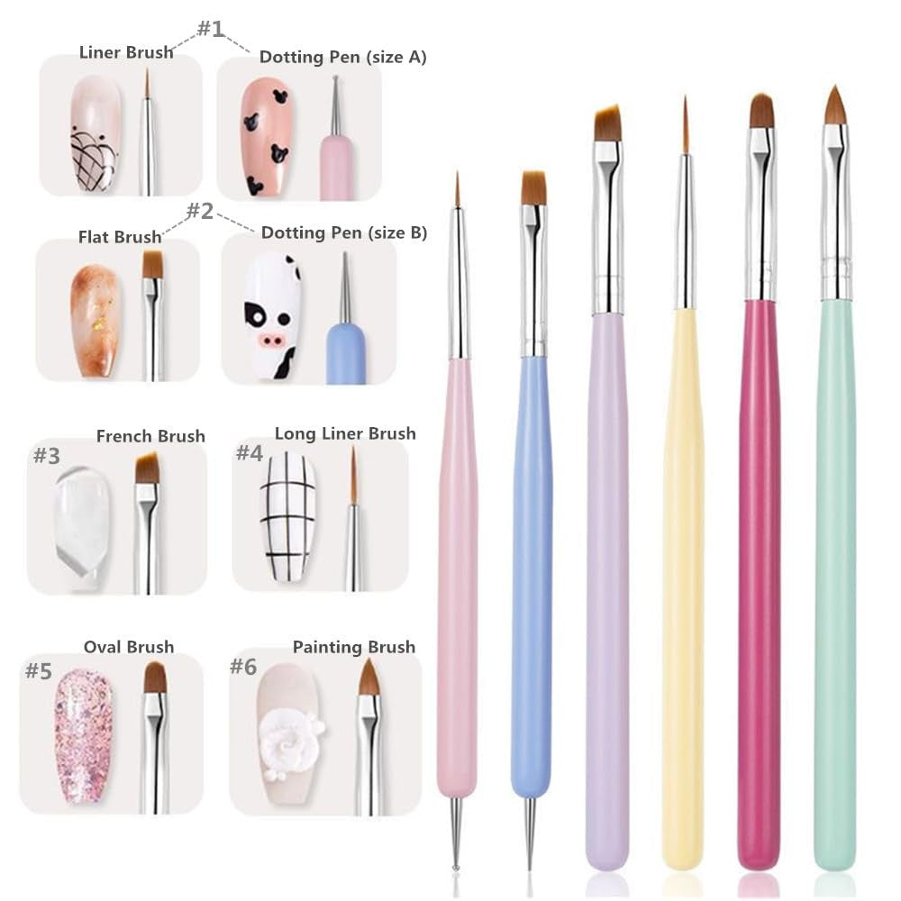 6 Pcs Nail Art Brushes Set - Professional Nail Painting & Design Tools