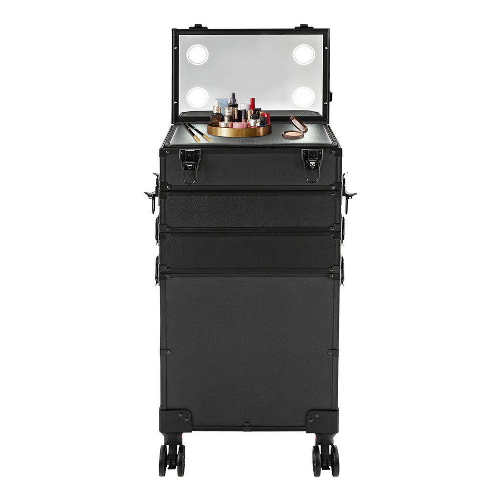 Professional Rolling Makeup Case with LED Lights and Multiple Tiers