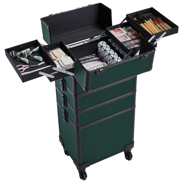 Aluminum 4-in-1 Professional Trolley Makeup Train Case Dark Green