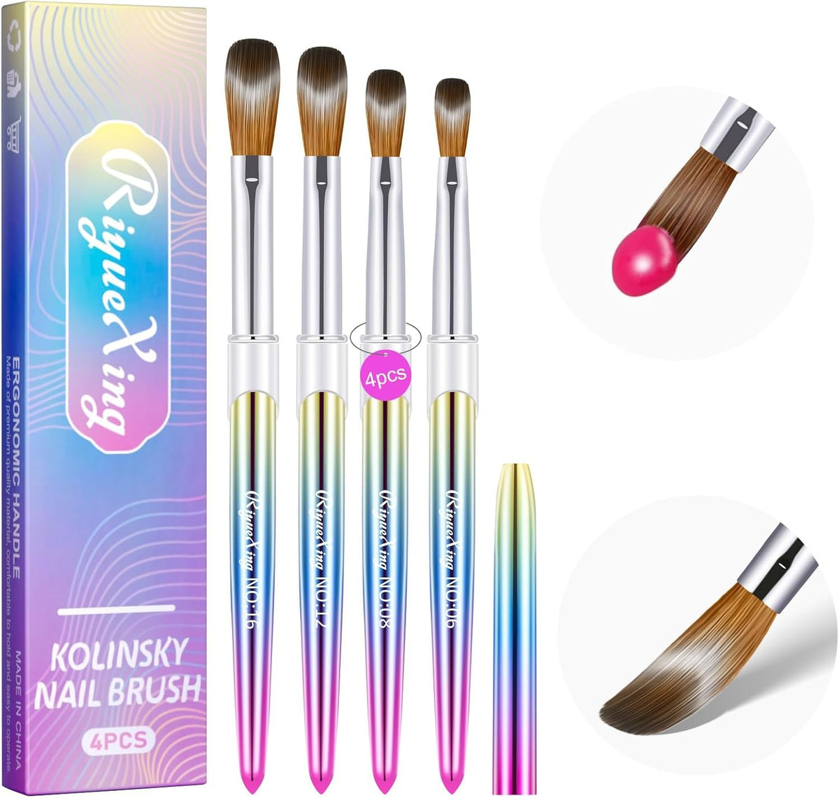 Professional Acrylic Nail Brush Set 4 Pieces - Kolinsky Sable Nail Art Tools