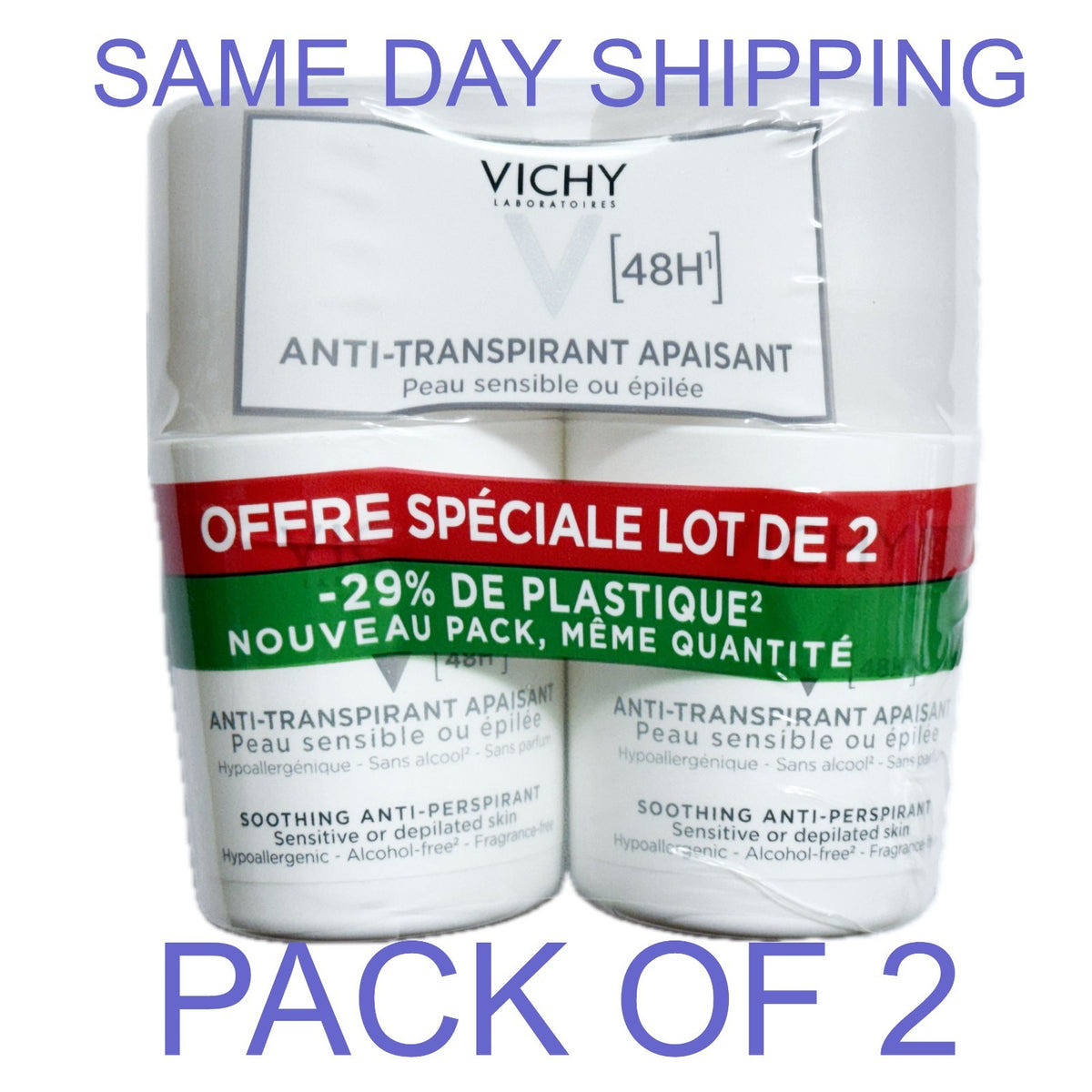 Vichy 48H Sensitive Skin Roll-on Deodorant Pack of Two - Fragrance-Free & Hypoallergenic