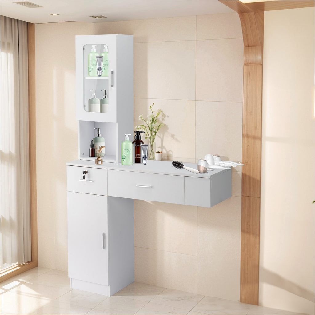 Salon Station Barber & Beauty Spa Storage Cabinet with Glass Door and Drawers