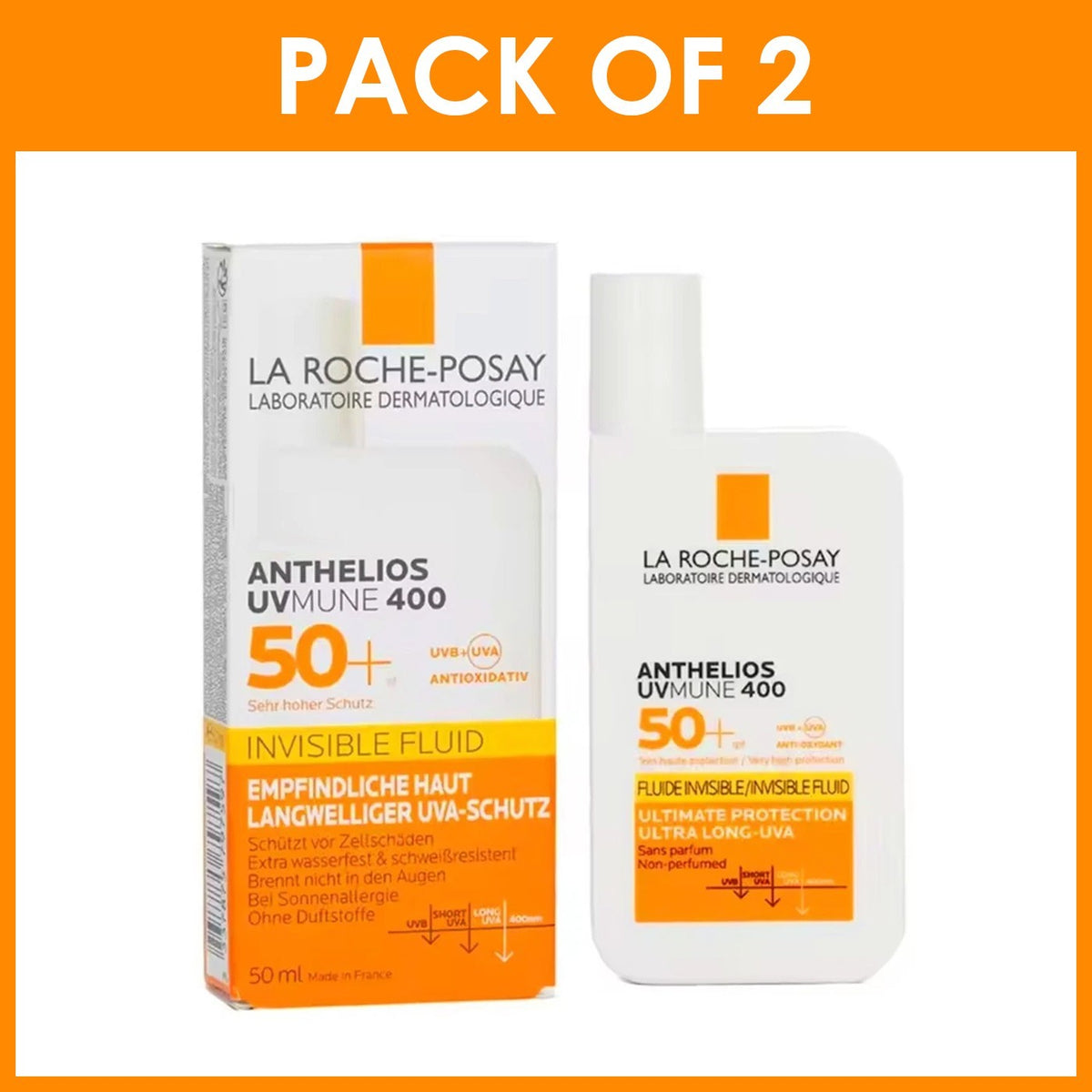 2 Pack SPF50+ Facial Sunscreen Lotion - Invisible, Fragrance-Free, Sensitive Skin