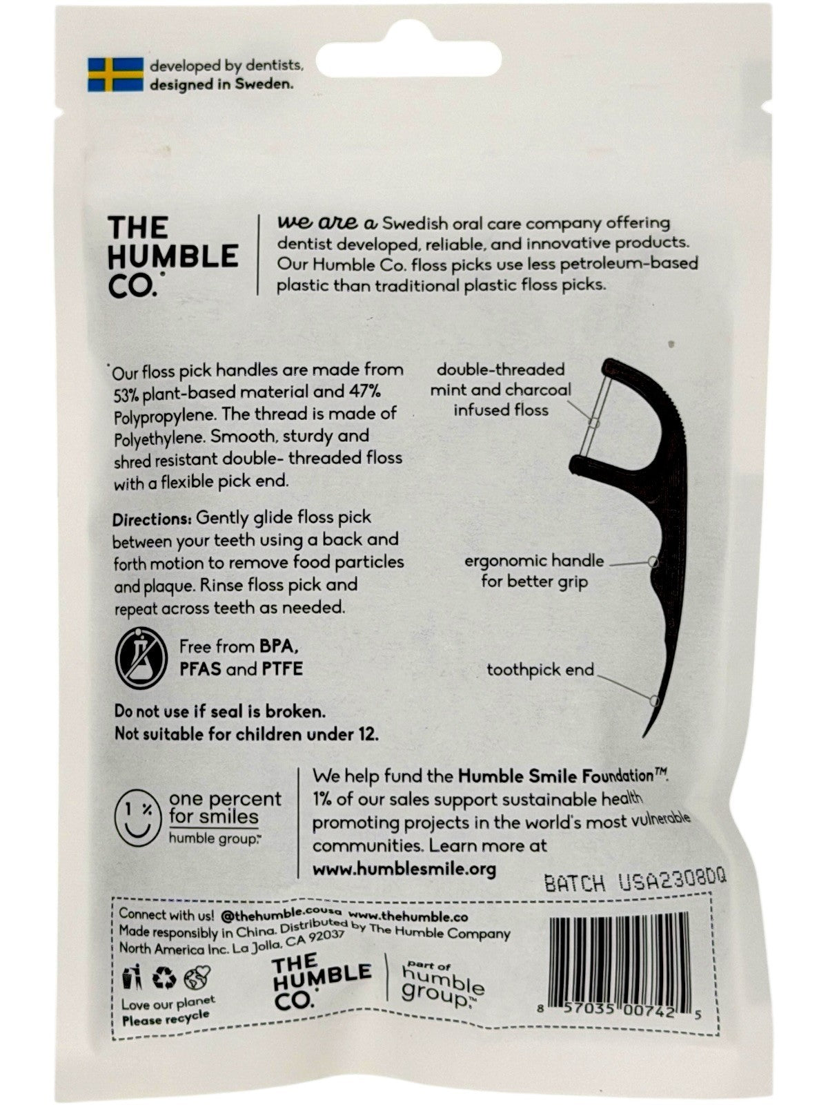 Plant-Based Charcoal Mint Dental Floss Picks - Double Thread, Eco-Friendly, 50 Count