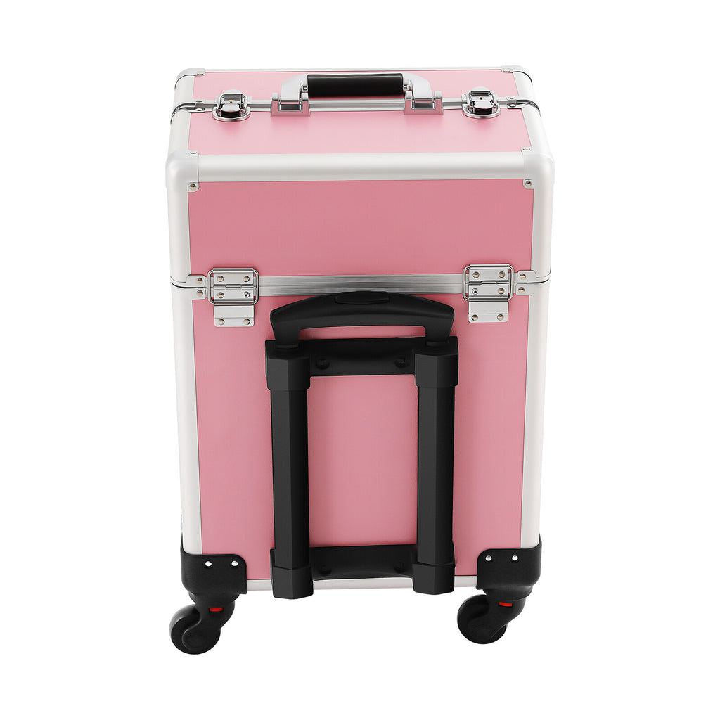 Pink Aluminum Travel Makeup Train Case with Wheels and Large Storage