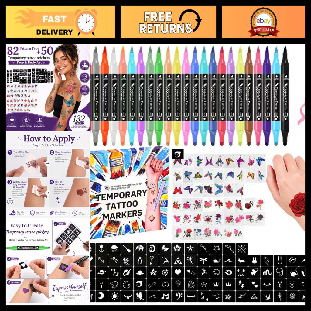 Temporary Tattoo Kit with 24 Pens, 50 Stickers & 82 Stencils for Teens