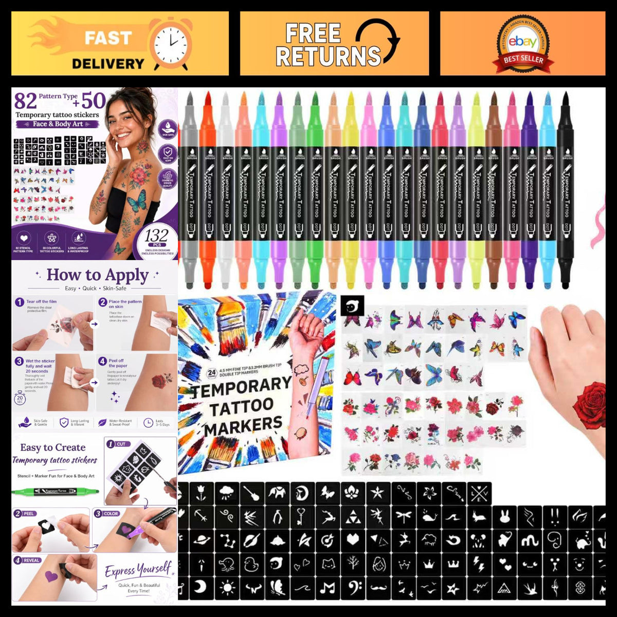 Temporary Tattoo Kit with 24 Pens, 50 Stickers & 82 Stencils for Teens