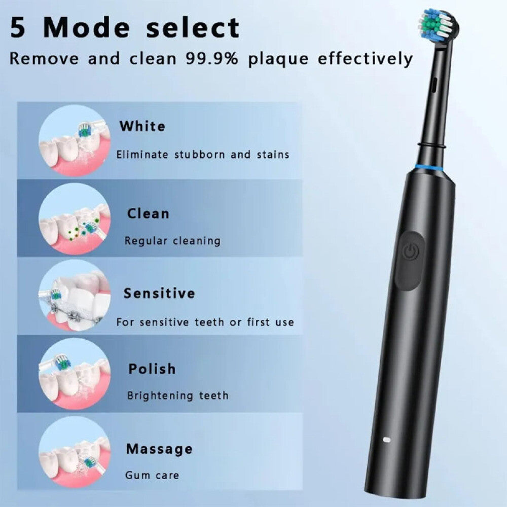 Rechargeable Electric Toothbrush with Rotating Brush Heads for Adults - Deep Clean, 5 Modes, Travel-Friendly