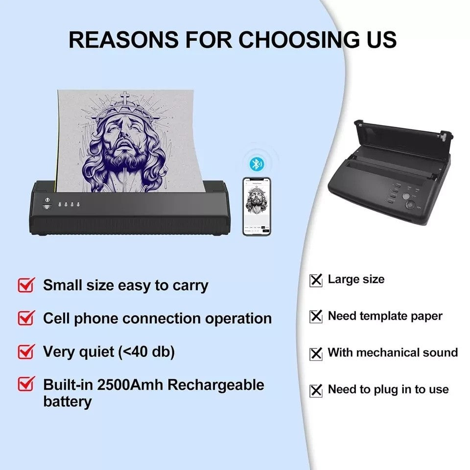 Wireless Tattoo Printer with 20 Sheets stencil paper USB Rechargeable