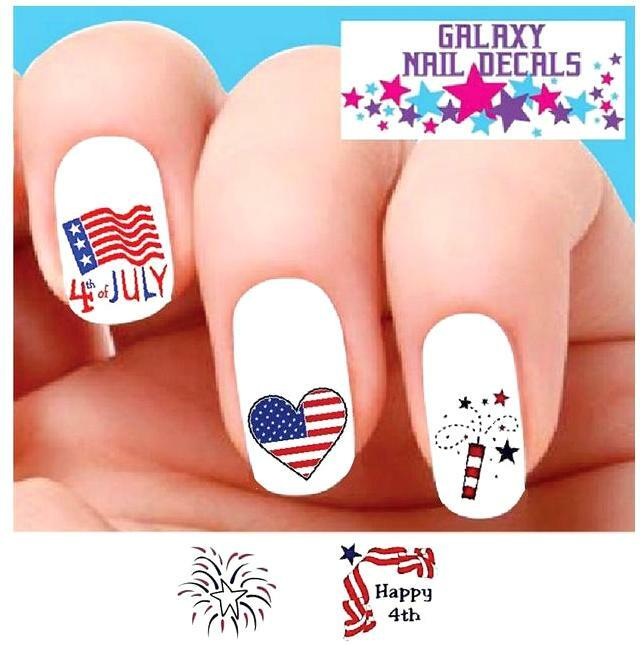 Waterslide Nail Decals Set of 20 4th of July Flag Heart Fireworks Nail Art