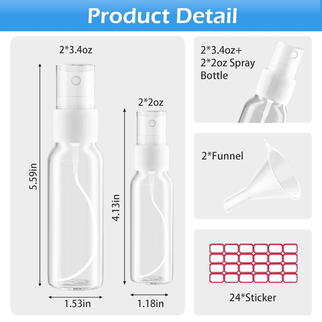 Travel Spray Bottle Set - Refillable 2oz & 3.4oz Fine Mist Containers