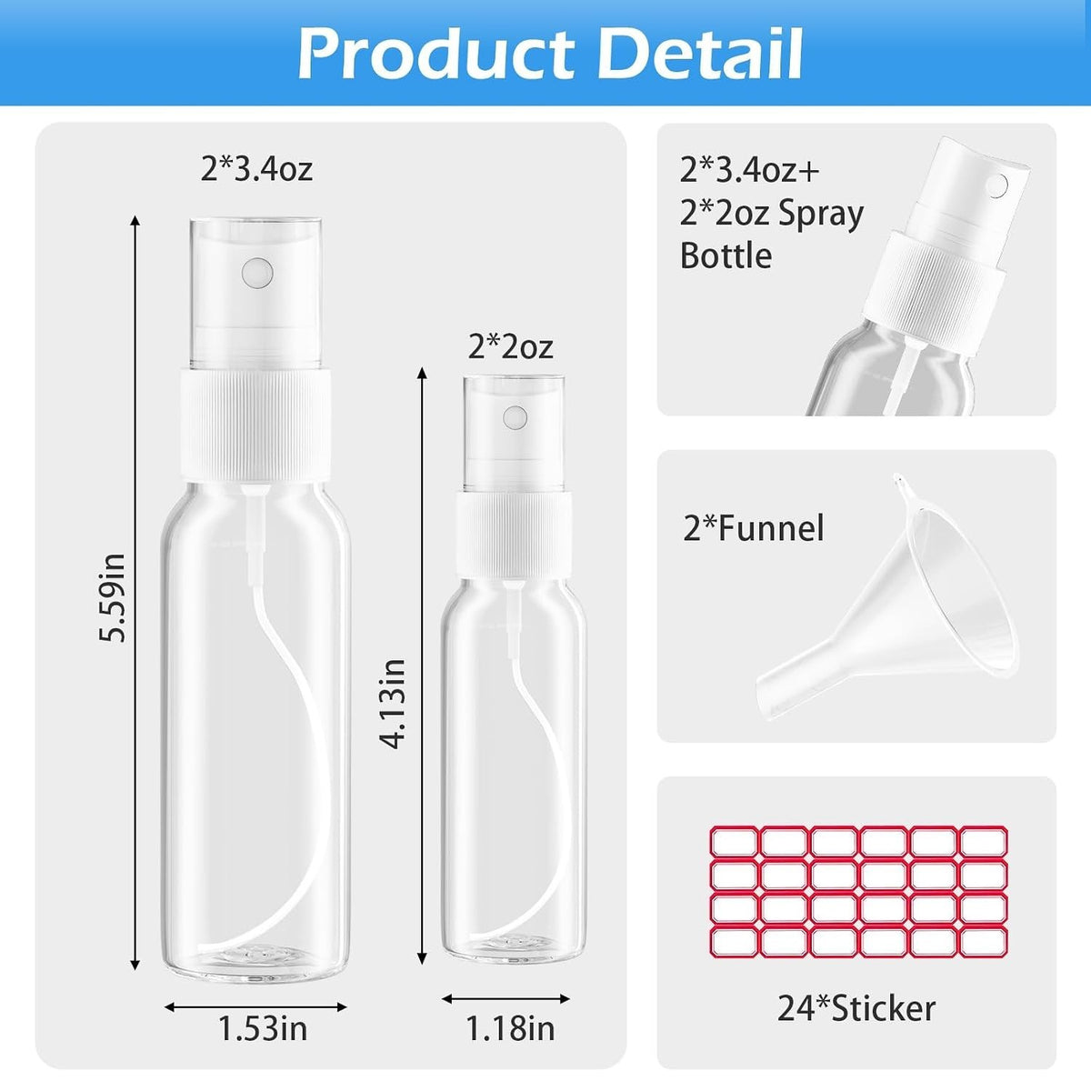 Travel Spray Bottle Set - Refillable 2oz & 3.4oz Fine Mist Containers
