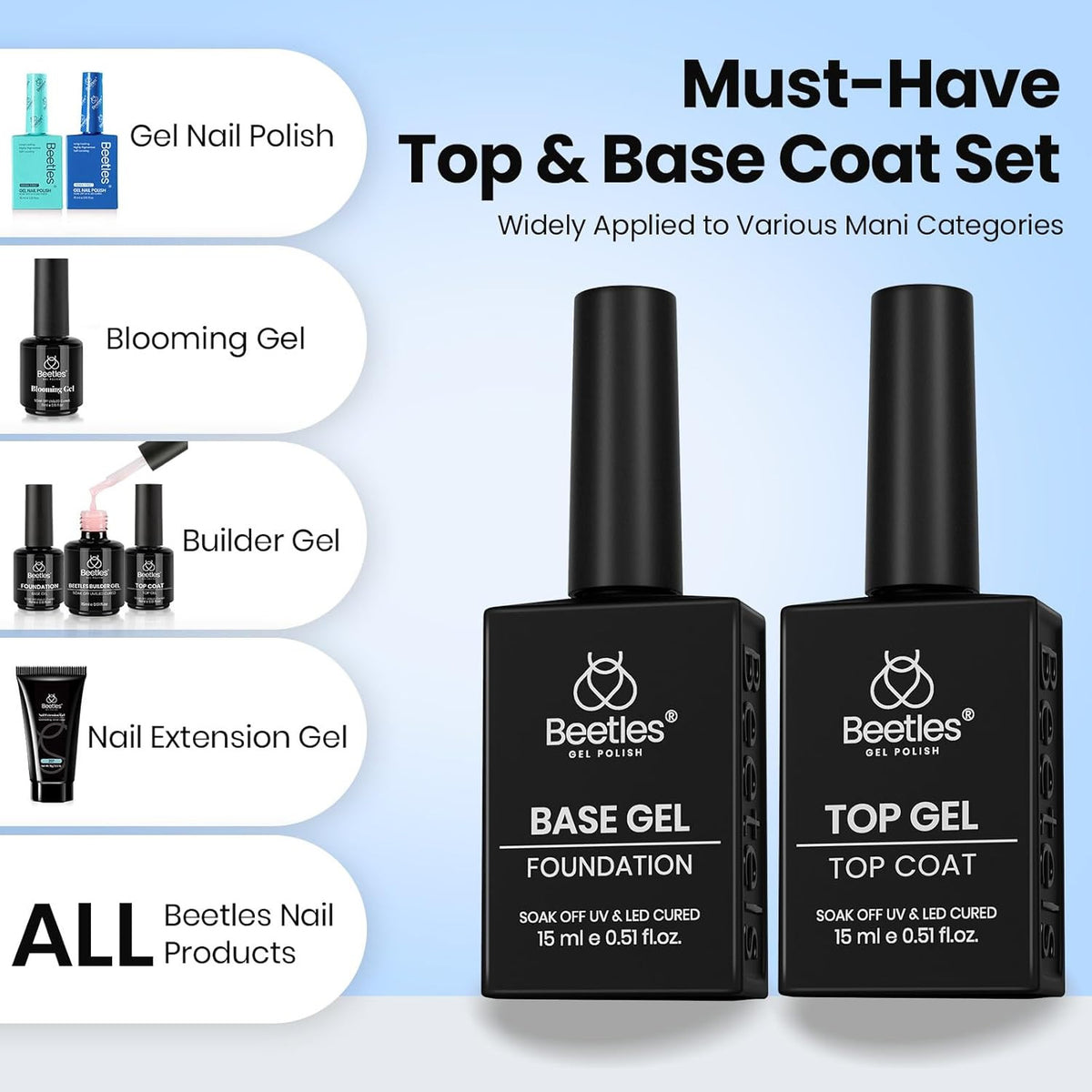 Gel Nail Top Coat and Base Coat Set - Long Lasting UV/LED Polish 2 Pack