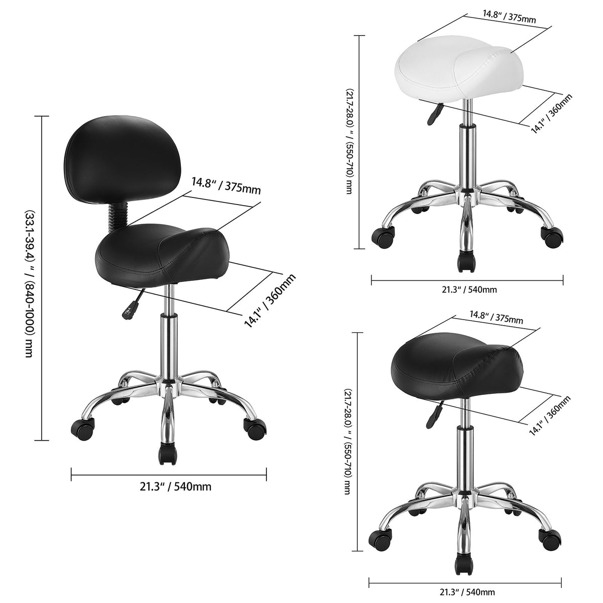 Adjustable Saddle Stool with Wheels and Backrest - PU Leather, Heavy Duty