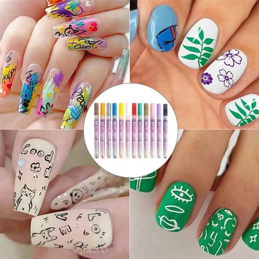 12-Color Nail Art Pens Set for DIY Gel and Acrylic Nail Designs