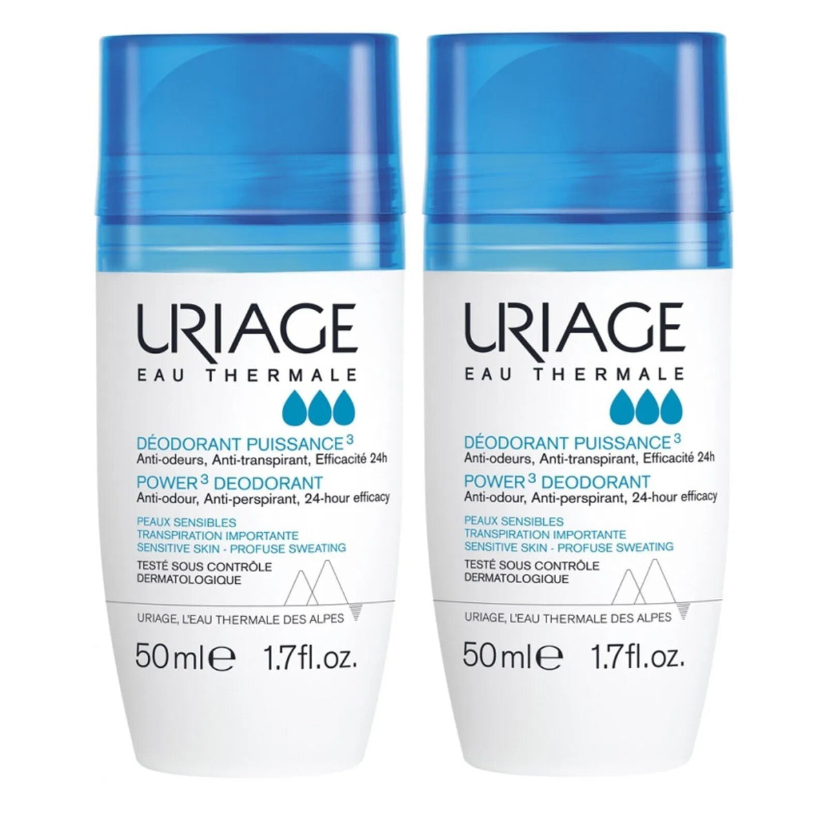 Uriage Power 3 Anti-Odor Deodorant Roll-On 50ml - 2 Pack, Hypoallergenic