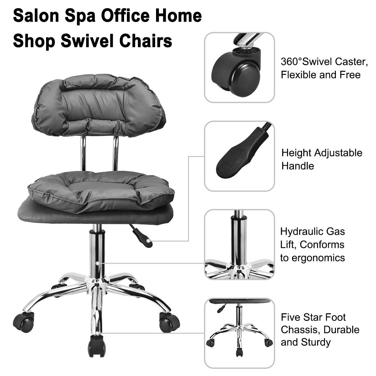 Adjustable Rolling Stool with Backrest and Thick Seat Padding - Heavy Duty Grey