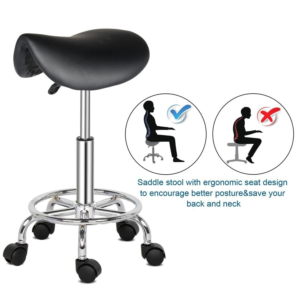 Hydraulic Adjustable Salon Stool with Swivel & Casters - Black