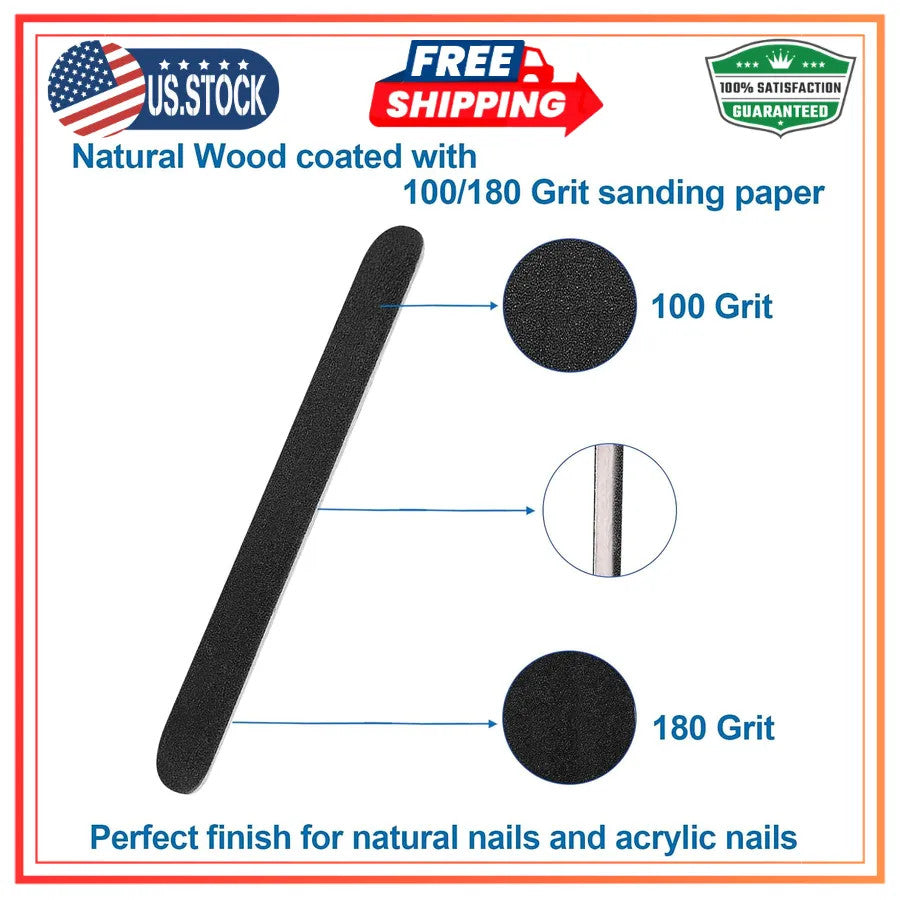 24 Pack Wooden Nail Files 100/180 Grit Dual-Sided Manicure Tools - Black