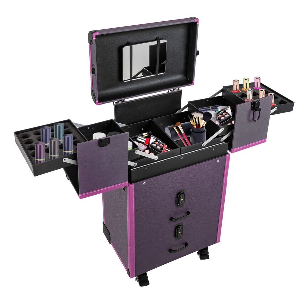 Portable Lockable Makeup Train Case with Wheels & Large Storage