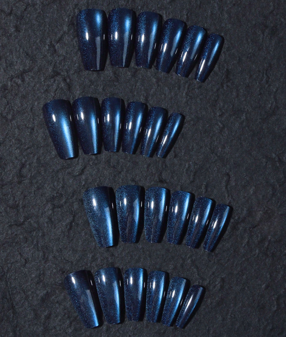 Medium Coffin Cat Eye Nail Tips Set - Blue Full Cover Press-On Nails