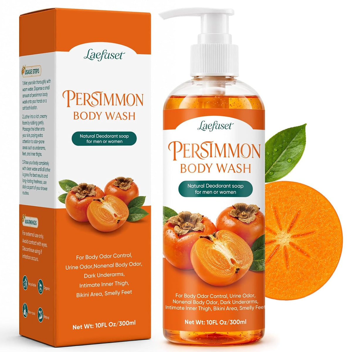 Persimmon Body Wash for Body Odor Control - Gentle Deodorant Shower Gel 10 Fl Oz