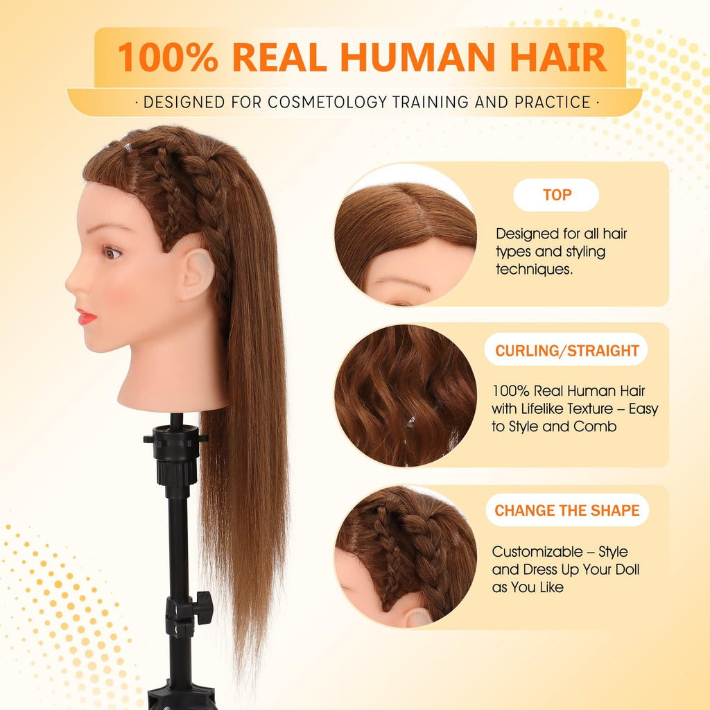 Real Human Hair Mannequin Head for Cosmetology Practice Dark Brown