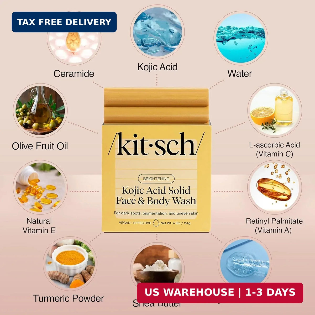 Kojic Acid & Turmeric Soap Bar - Brightening Hydrating Face & Body Wash - 4 oz