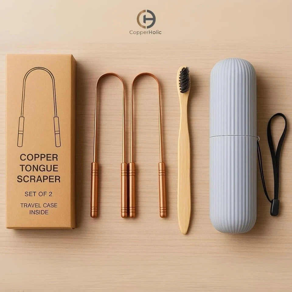 Copper Tongue Scraper Set with Bamboo Toothbrush - Natural Oral Care Kit