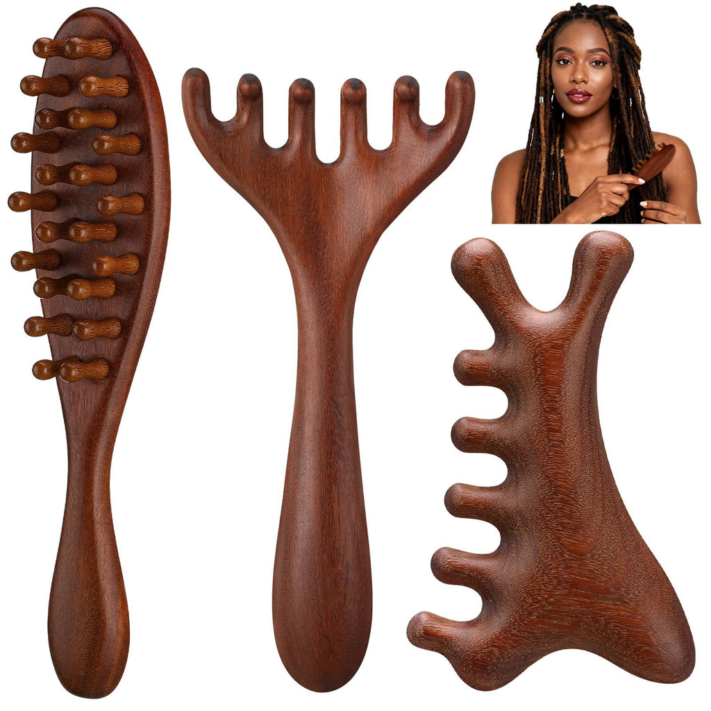 Wooden Scalp Massager Tool & Dreadlock Comb Set - Long Handle, 3 Pack