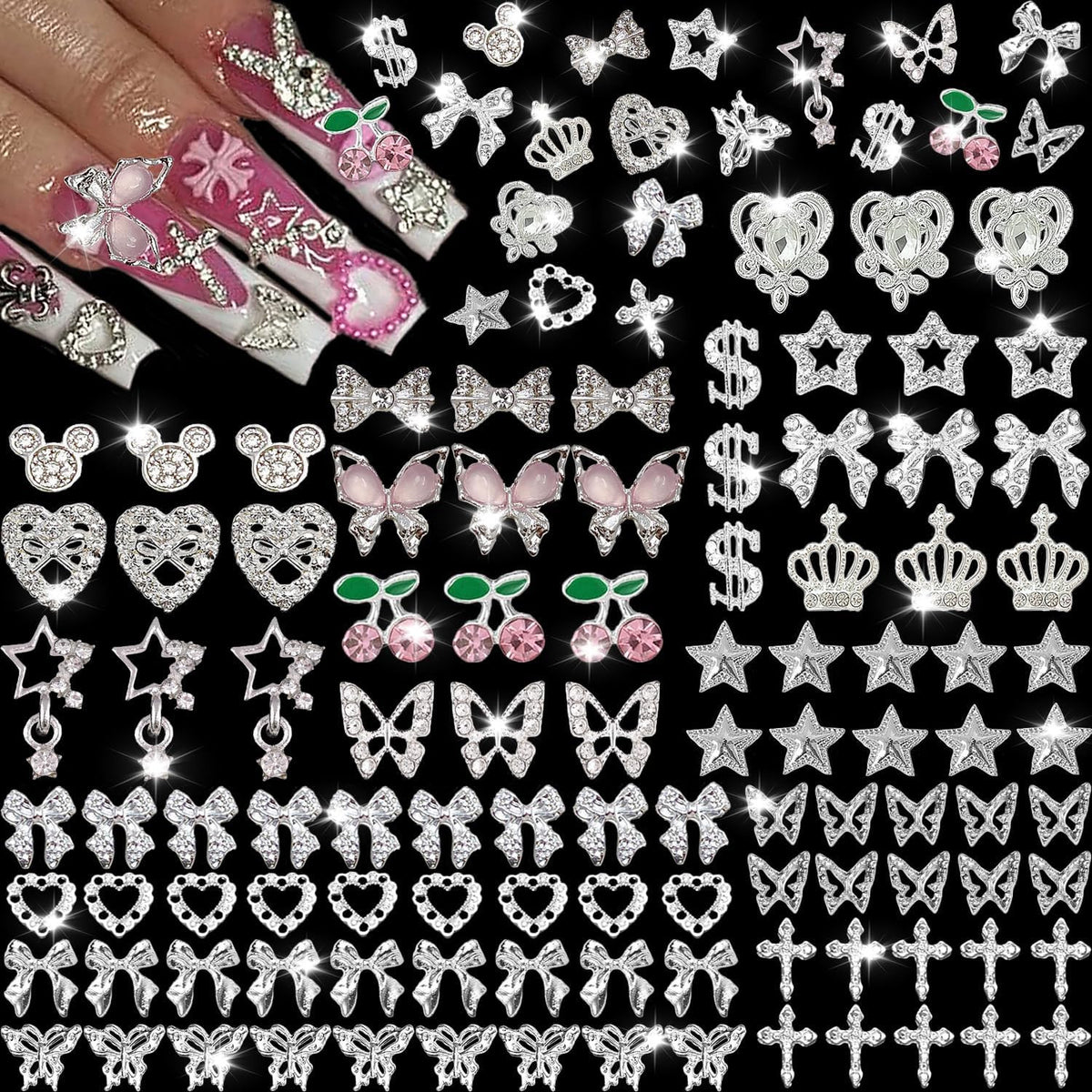 Silver Nail Charms & Rhinestones Set - 19 Styles for Acrylic Nails