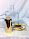 Refillable Glass Perfume Bottles with Gold Spray Atomizers – Flat Shape, 1oz, 2oz & 4oz