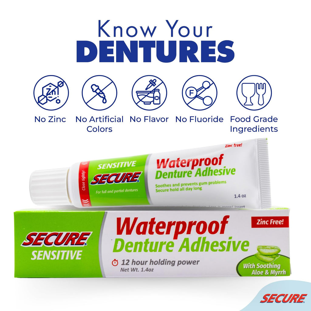 Waterproof Denture Adhesive with Aloe Vera for Sensitive Gums - Zinc-Free, 12-Hour Hold