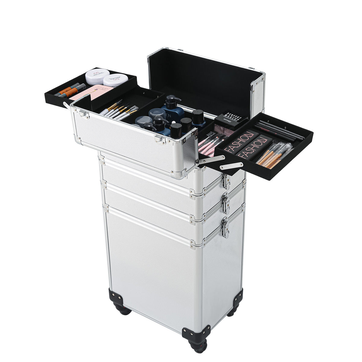 4-in-1 Aluminum Rolling Makeup Train Case with Drawers and Wheels